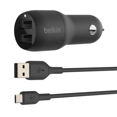 Зарядний пристрій автомобільний Belkin 24Вт 2хUSB-A, кабель USB-A > MicroUSB, 1м, чорний