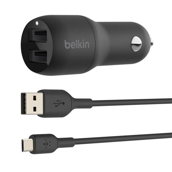 Автомобильное зарядное устройство для Belkin 24Вт 2хUSB-A с кабелем USB-A > MicroUSB, 1м, черный.