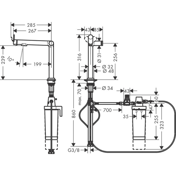 Смеситель для кухни Hansgrohe Aqittura M91, дл.излива - 285мм, поворотный, 1 рычаг, FilterSystem 240, под сталь