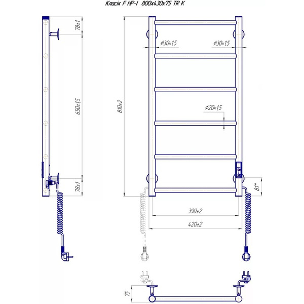Сушарка для рушників Mario Класик F НР-I 800х430-75мм, з таймером-регулятором, хром (2.3.0702.10.P)