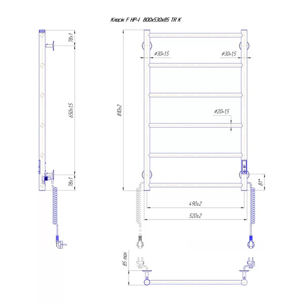 Сушарка для рушників Mario Класик F НР-I 800х530-75мм, з таймером-регулятором, хром (2.3.0703.10.P)
