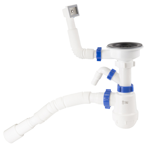 Сифон для кухонної мийки з пластиковим випуском 3½" виведенням під пральну машину, квадратним переливом і гнучким відведенням Ø40/50мм (чорний) TAU (9842822)