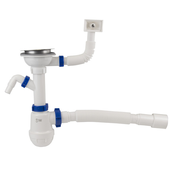 Сифон для кухонної мийки з нержавіючим випуском 3½" виводом під пральну машину, квадратним переливом і гнучким відведенням Ø40/50мм TAU (9842521)