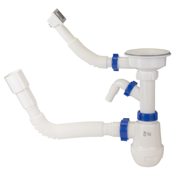 Сифон для кухонної мийки з пластиковим випуском 3½" виводом під пральну машину, квадратним переливом і гнучким відведенням Ø40/50мм (білий) TAU (9842823)