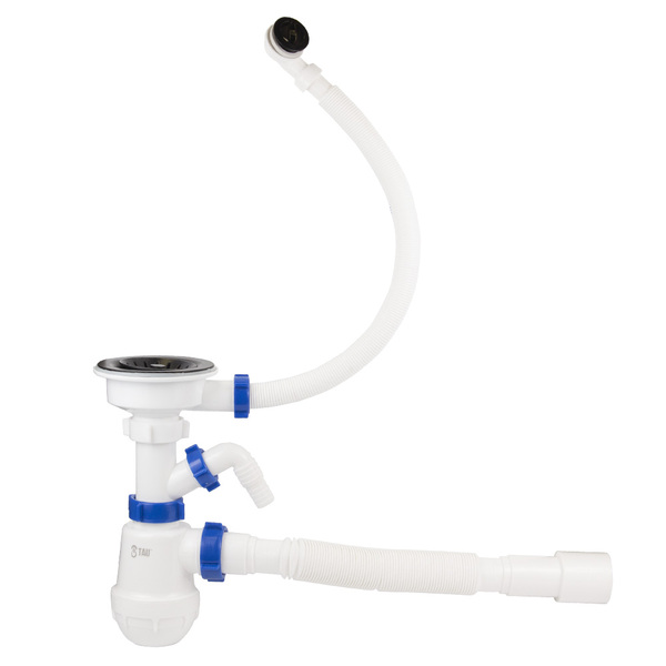 Сифон для кухонної мийки з пластиковим випуском 3½" виводом під пральну машину круглим переливом і гнучким відведенням Ø40/50мм (чорний) TAU (9842820)
