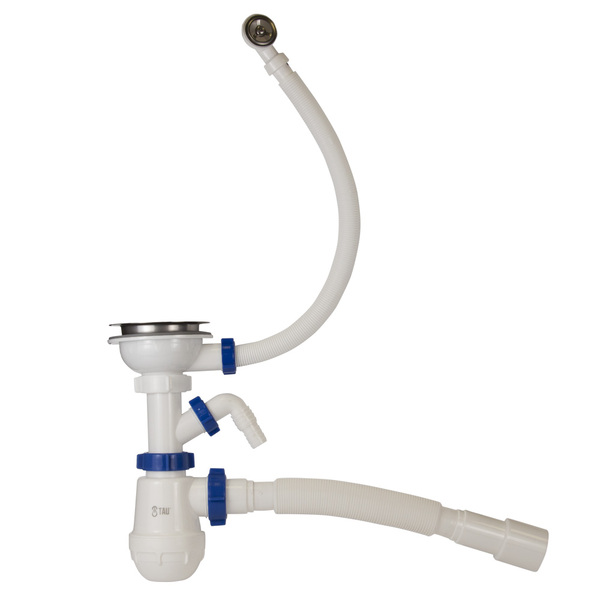 Сифон для кухонної мийки з нержавіючим випуском 3½" виводом під пральну машину, круглим переливом і гнучким відведенням Ø40/50мм TAU (9842520)