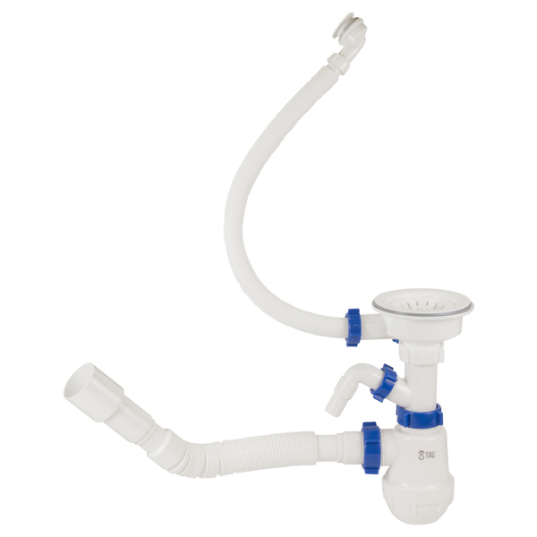 Сифон для кухонної мийки з пластиковим випуском 3½" виводом під пральну машину круглим переливом і гнучким відведенням Ø40/50мм (білий) TAU (9842821)