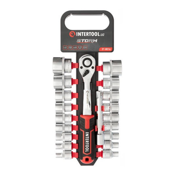 Набір головок 1/2 "8-32 мм., Подовжувач, рукоятка з храповим механізмом 72 зуба, 20ед., Cr-V STORM INTERTOOL