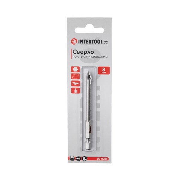 Свердло по склу та кераміці 8 мм HEX 1/4'' (6.35 mm) INTERTOOL SD-0288