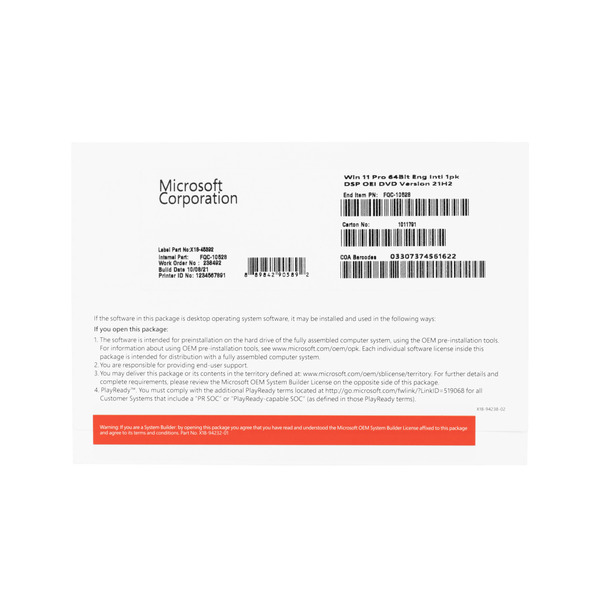 Программное обеспечение Microsoft Windows 11 Professional 64Bit Eng Intl 1ПК DSP OEI DVD (FQC-10528)