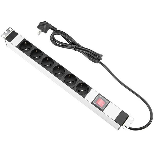 Устройство распределения электропитания MIRSAN Group PDU Schuko 6XDIN49440, алюминиевый корпус 1U, переключение включения / выключения, вилка DIN 49441