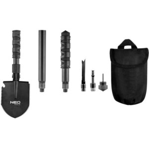 Neo Tools 63-122 Лопата туристическая, 63см, 8в1, пила, кирка, открывалка для бутылок, кремень, многофункциональный нож, пробойник, свисток, чехол