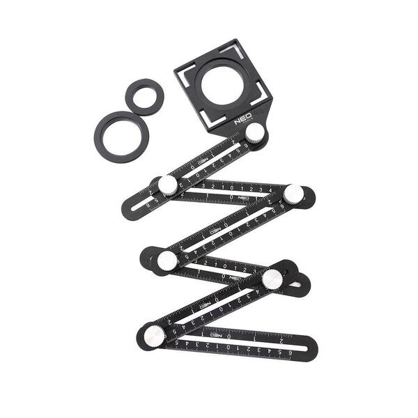 Лінійка Neo Tools кутова, алюміній, 6 плечей шкалою 0-6 см, отвори у шаблоні 2.5/4/4.5 см