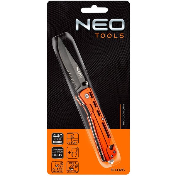 Neo Tools 63-026 Нож складной с фиксатором, лезвие 8,5 см для ремней, чехол, 110 г