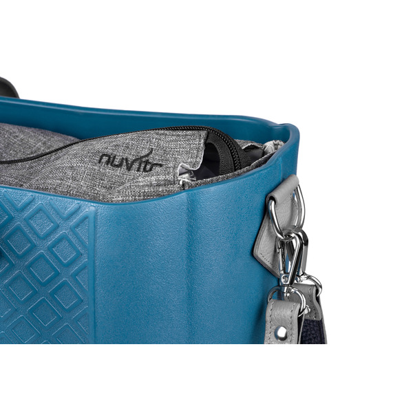 Сумка MyMia з синім корпусом, сірою підкладкою і шкіряними ручками, фіксаторами та ременями на коляску