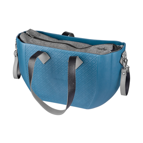 Сумка MyMia з синім корпусом, сірою підкладкою і шкіряними ручками, фіксаторами та ременями на коляску