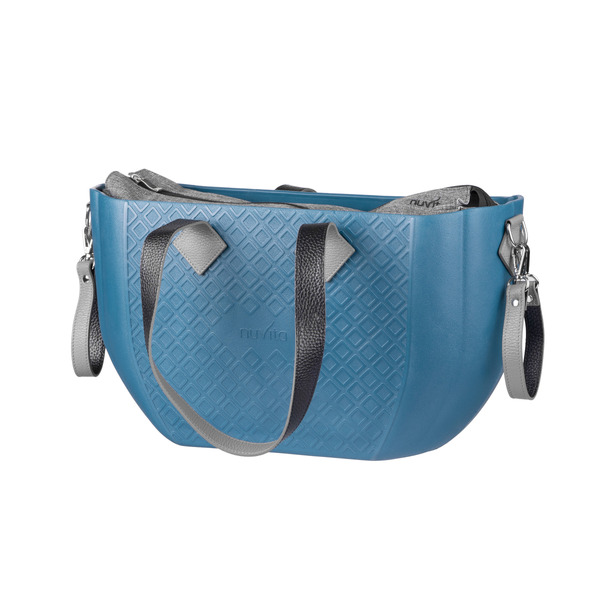 Сумка MyMia з синім корпусом, сірою підкладкою і шкіряними ручками, фіксаторами та ременями на коляску