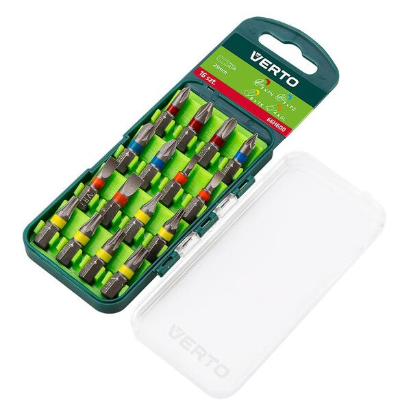 Verto Набор насадок, 16 шт., 25 mm - 3 x PH, 3 x PZ, 4 x SL, 6 x TX