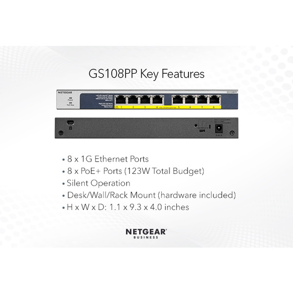 Комутатор NETGEAR GS108PP 8xGE PoE +, некерований