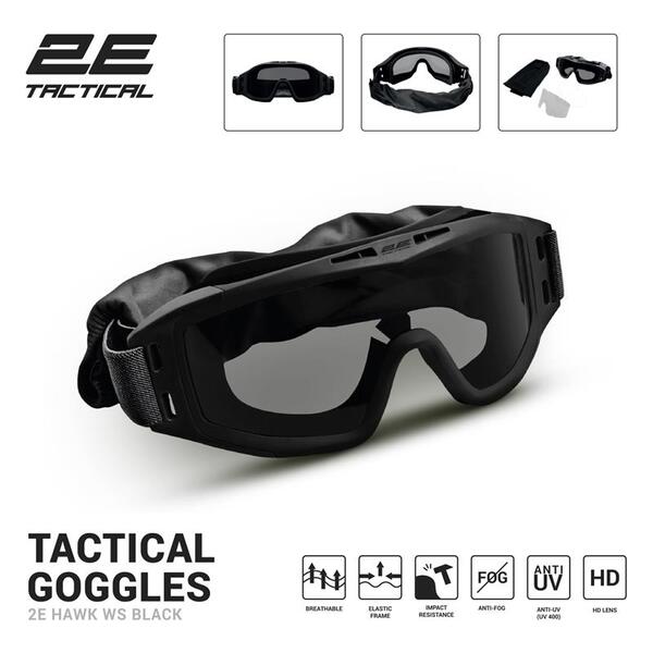Маска тактична, захисна 2E Hawk WS Black Anti-fog, 3-х шаровий ущільнювач, сумка, 3 лінзи (2E-TGGWS-BK)