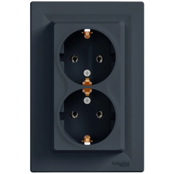 Розетка двойная 220В антрацит, пластик, с заземлением, Schuko, без защитной крышки, без шторок, для врезного монтажа