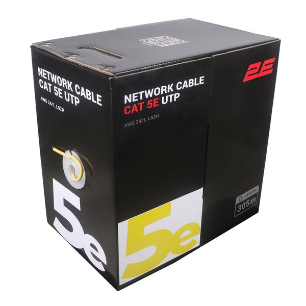 Кабель 2E CAT 5e U-UTP, 305m, AWG 24/1, LSZH, жовтий