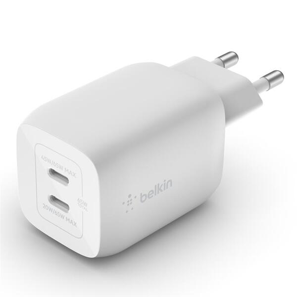 Мережевий зарядний пристрій Belkin 65Вт 2хUSB-С GAN PD PPS, white (WCH013VFWH)