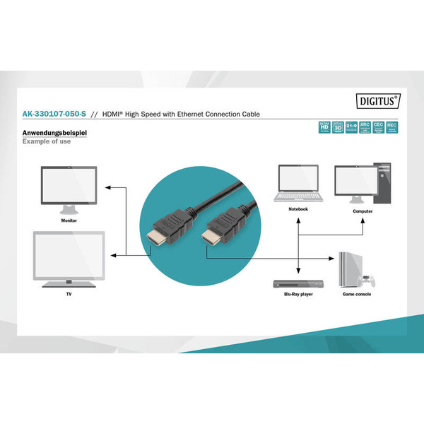 Кабель HDMI (AM/AM) DIGITUS High Speed ​​+ Ethernet 5м, позолоч.раз'еми, Black/Чорний (AK-330107-050-S)