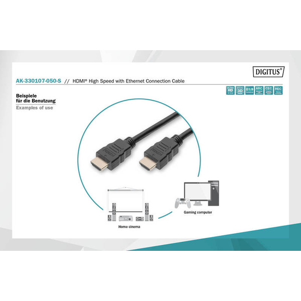 Кабель HDMI (AM/AM) DIGITUS High Speed ​​+ Ethernet 5м, позолоч.раз'еми, Black/Чорний (AK-330107-050-S)