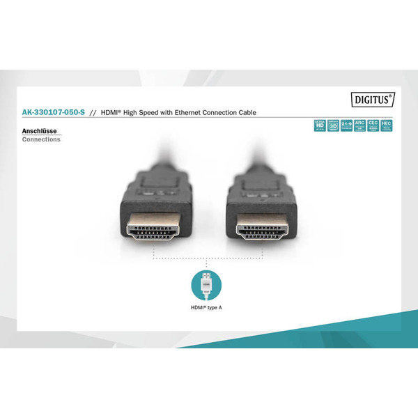Кабель HDMI (AM/AM) DIGITUS High Speed ​​+ Ethernet 5м, позолоч.раз'еми, Black/Чорний (AK-330107-050-S)