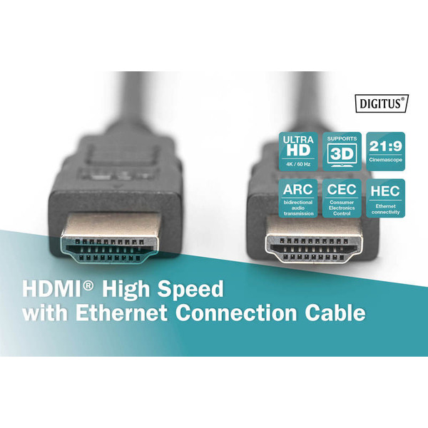 Кабель HDMI (AM/AM) DIGITUS High Speed ​​+ Ethernet 5м, позолоч.раз'еми, Black/Чорний (AK-330107-050-S)