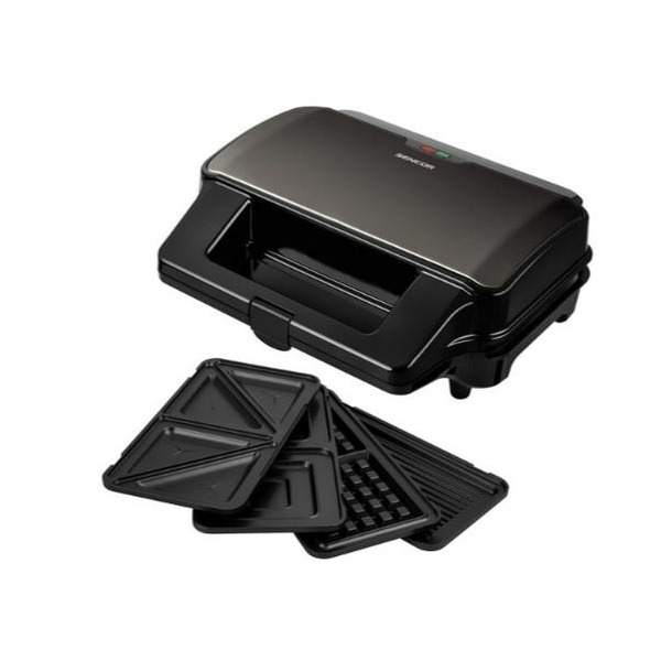 Мультимейкер Sencor, 900Вт, комплект-4 пластины, алюминий, корпус-нерж.сталь, пластик, черный