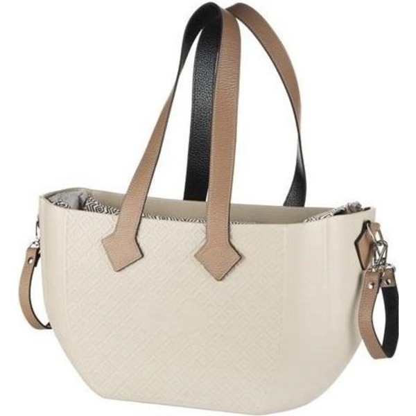 Сумка Nuvita MyMia корпус бежевый с красной подкладкой – набор для мам (с ручками, фиксаторами, ремнями на тележку) из эко-кожи коричневого цвета.