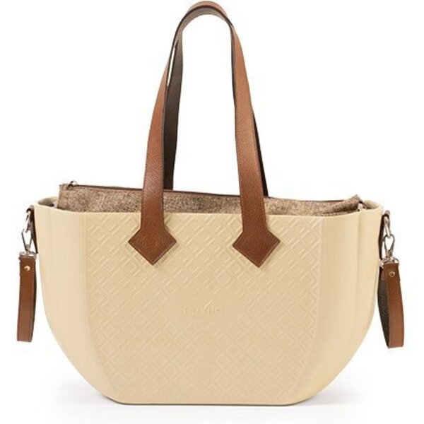 Сумка Nuvita MyMia корпус бежевый с красной подкладкой – набор для мам (с ручками, фиксаторами, ремнями на тележку) из эко-кожи коричневого цвета.