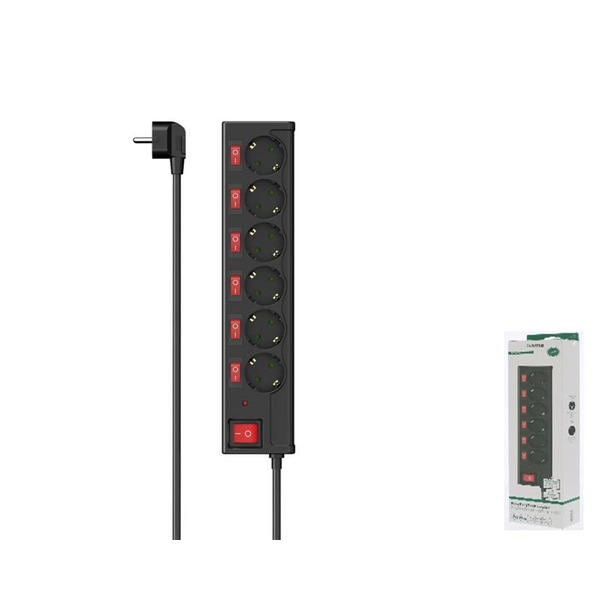 Подовжувач-фільтр мережевий Hama 6хТип F, 3х1.5мм2, 16А, 1,4м, черный