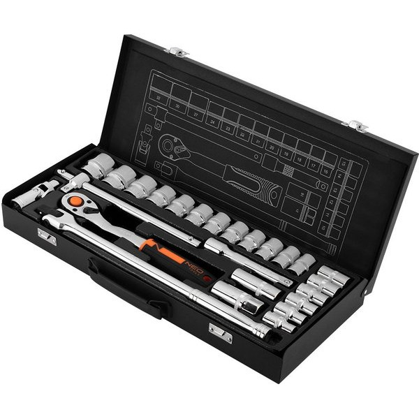 Набор инструмента Neo Tools, Набор торцевых головок, 25шт, 1/2", CrV, металлический кейс