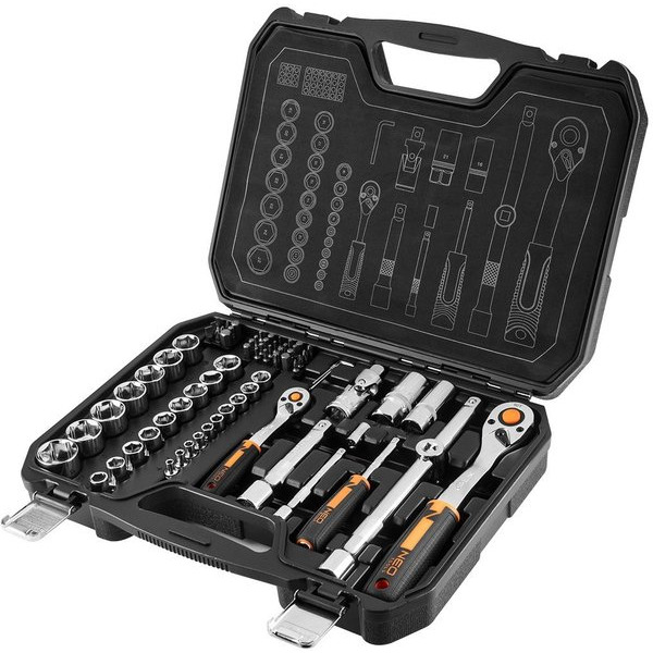 Набір торцевих головок Neo Tools, 73шт, 1/2", 1/4", CrV, кейс (10-054)