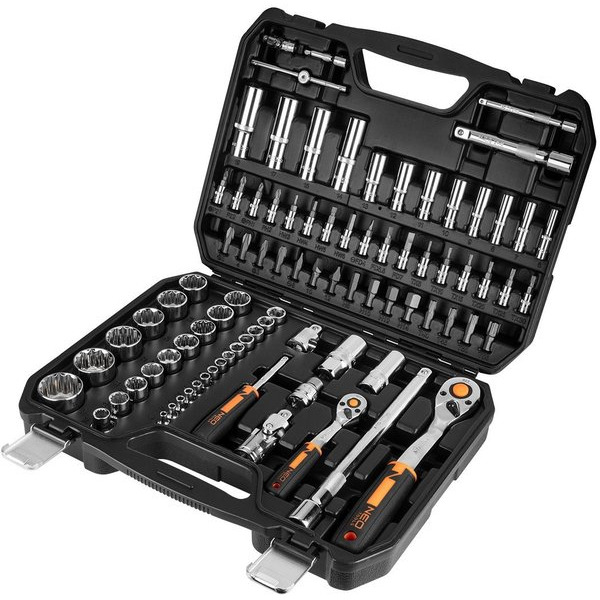 Набор инструмента Neo Tools, Набор торцевых головок, 86шт, 1/2", 1/4", CrV, кейс