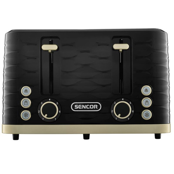 Тостер Sencor 1600Вт, підігрів, розморожування, 4 слоти, пластик, чорно-золотий
