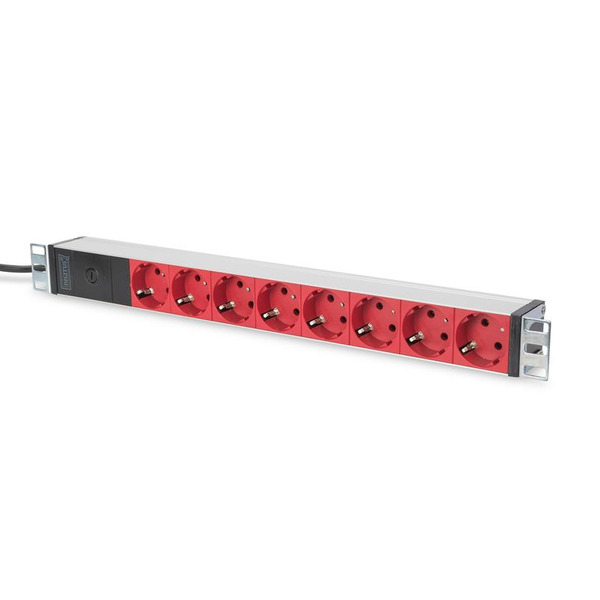 Пристрій розподілу електроживлення DIGITUS 1U, 8xSchuko red, 10A, 250V, запобіжник, вилка C14