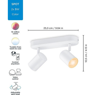Світильник точковий накладний розумний WiZ IMAGEO Spots, 2х5W, 2200-6500K, RGB, Wi-Fi, білий