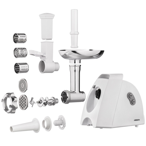 Мясорубка Ardesto, 1900Вт, 1.8кг/мин, 3 решетки, насадка для колбас, кеббе, 4 терки, пластик, белый