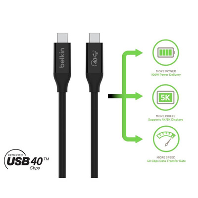 Кабель Belkin USB Type-C-USB Type-C (M/M), 40Gbps, 100W, 0.8 м, Black (INZ001BT0.8MBK)