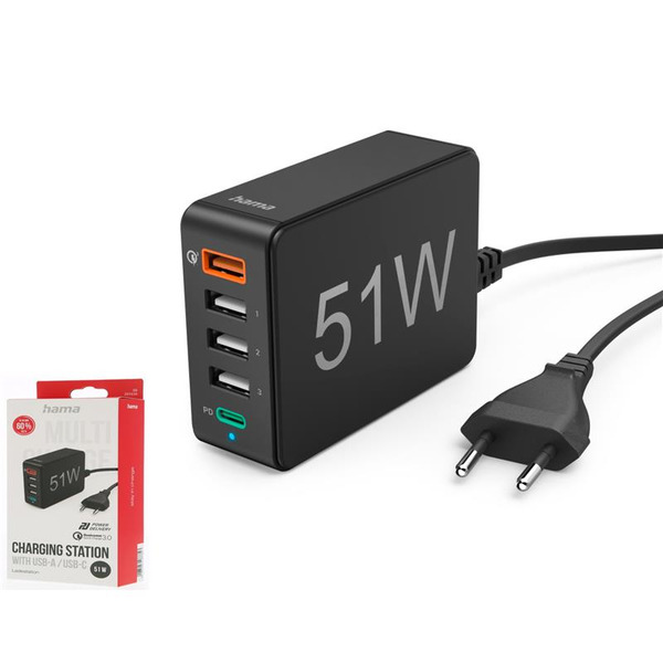 Зарядний пристрій мережевий Hama 51ВТ, 4хUSB-А/1хUSB-С, PD, QC, чорний
