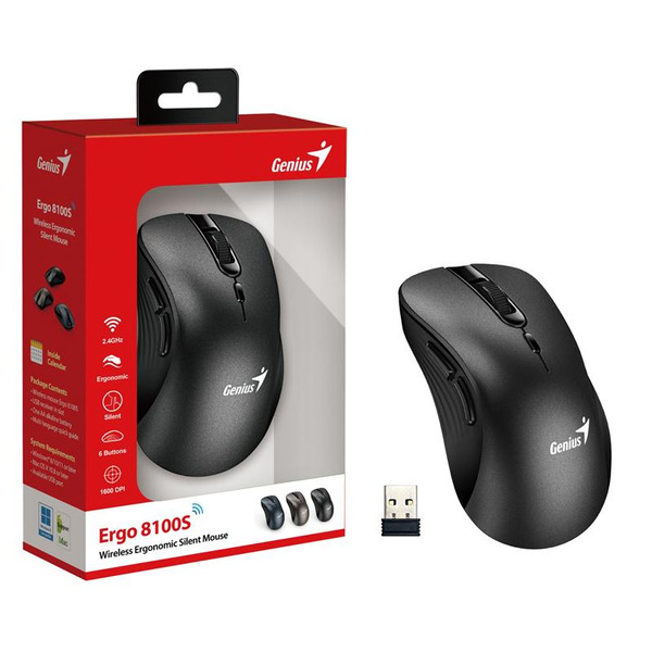 Миша Genius Ergo 8100S, беспроводная, бесшумная, черная