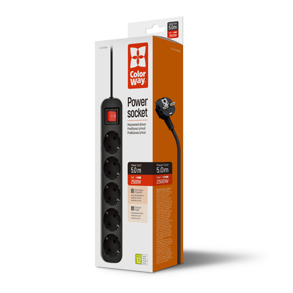 Фильтр питания СolorWay (CW-PSEA55BK) 5 розеток, 5м, Black