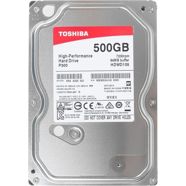 Накопитель HDD SATA  500GB Toshiba P300 7200rpm 64MB (HDWD105UZSVA)