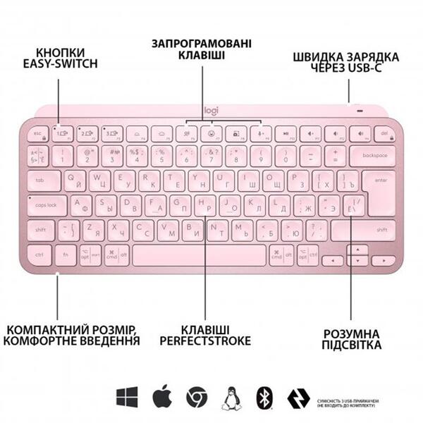 Клавіатура Logitech MX Keys Mini Wireless Illuminated UA Rose 920-010500