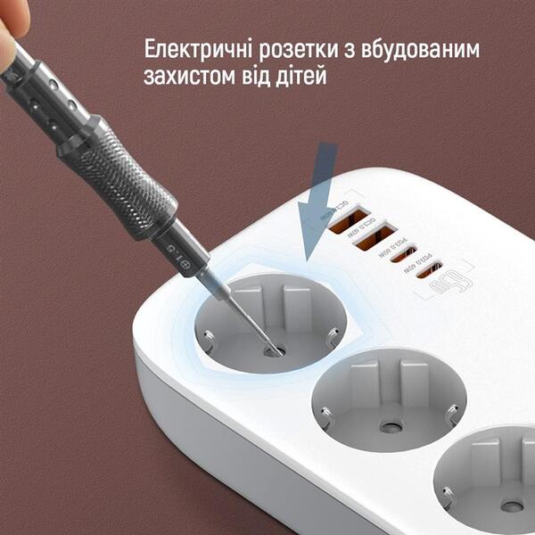 Фільтр живлення ColorWay CW-CHE34PDW GaN3 Pro PD 65W (2USB-A + 2 TYPE-C) 3 розетки, 4 USB, 2 м, білий