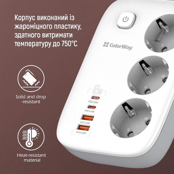 Фільтр живлення ColorWay CW-CHE34PDW GaN3 Pro PD 65W (2USB-A + 2 TYPE-C) 3 розетки, 4 USB, 2 м, білий